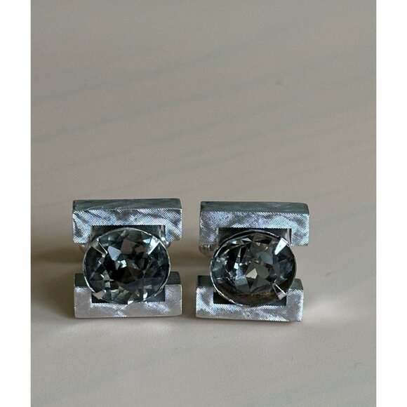 Vintage Silver-Tone Cufflinks With Round Clear Rhinestone Accents Mens Accessory - Picture 1 of 9
